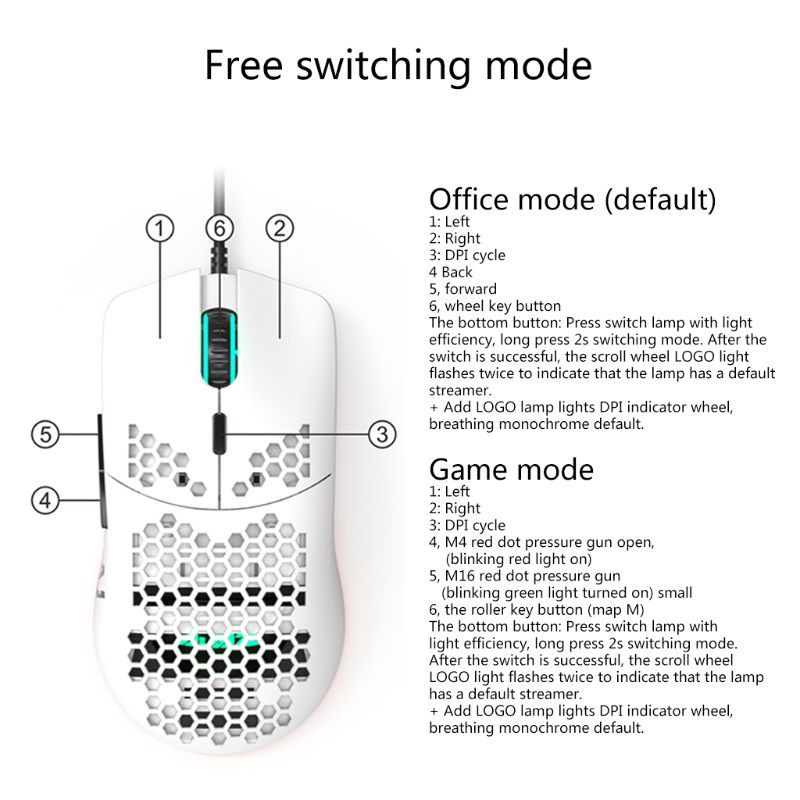 AJ390/AJ39 Mouse ușor cu fir Mouse de gaming cu gol Mouse 6 DPI reglabil 7 taste pentru sisteme Windows 2000/XP/Vista/7/8/10
