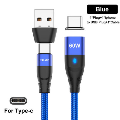 Cablu magnetic USLION 3-IN-1 60W USB C la tip C Încărcare super rapidă QC 4.0 3.0 Cablu cablu USB-C la micro usb pentru iphone Macbook