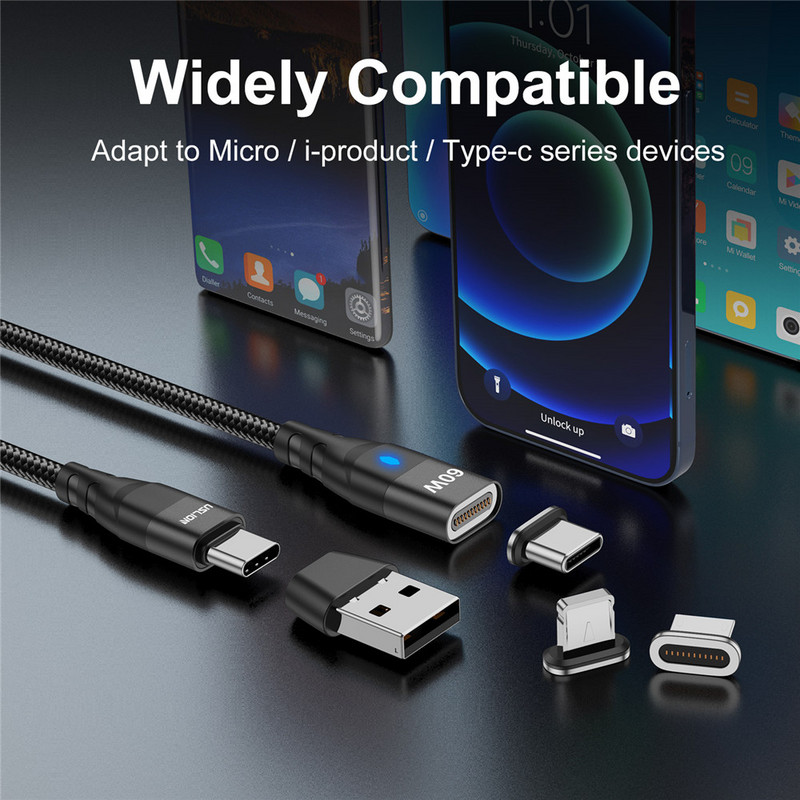 Cablu magnetic USLION 3-IN-1 60W USB C la tip C Încărcare super rapidă QC 4.0 3.0 Cablu cablu USB-C la micro usb pentru iphone Macbook