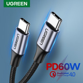 Kábel UGREEN USB Type-C na USB C pre Samsung S10 S9Plus PD 60W rýchle nabíjanie Quick Charge 4.0 kábel USB C pre Macbook Pro PD kábel