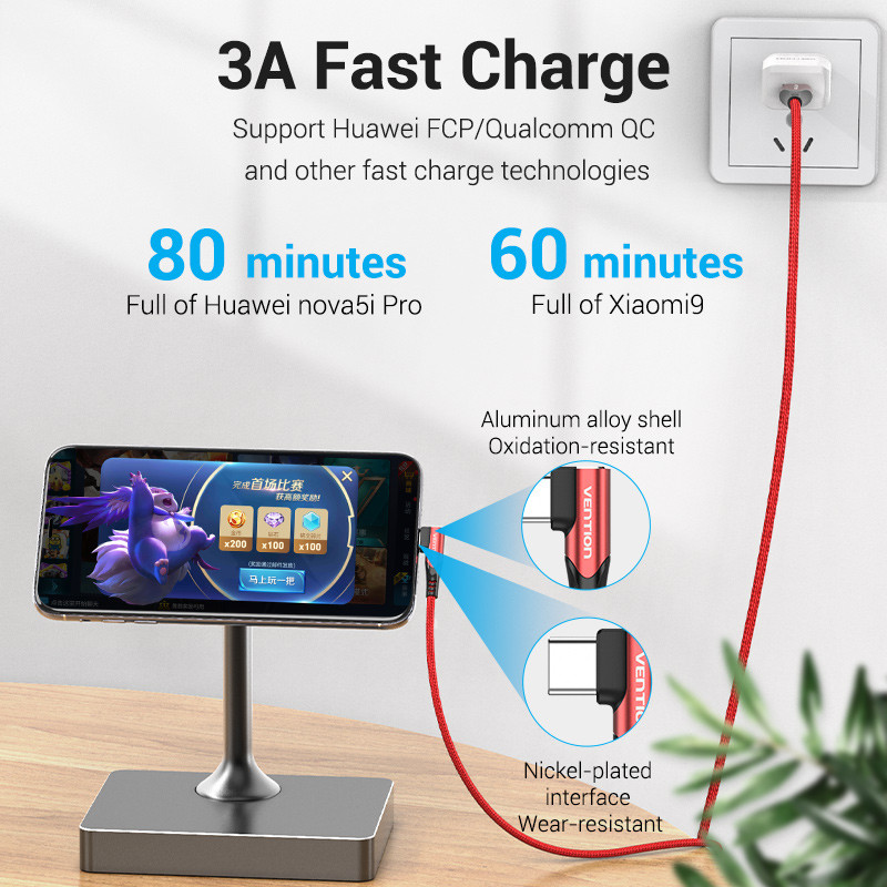 Vention USB Type C kaabel 3A 90 kraadi laadija kaabel kiirlaadimismäng Samsung S10 Xiaomi mi9 10 pro telefonile USB C kaablid juhe
