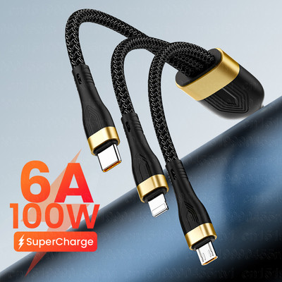 3 viename USB kabelis 6A 100 W greitas įkrovimas, skirtas Huawei / Honor 3in1 2in1 Micro USB Type C kabelis Įkrovimo kabelis, skirtas iPhone Samsung Samsung