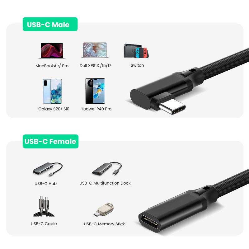 Καλώδιο επέκτασης HD 4K Type-C 100W PD 5A Κάμψη ορθής γωνίας 90 μοιρών 3,1C Τύπος C για φορητούς υπολογιστές Macbook SAMSUNG