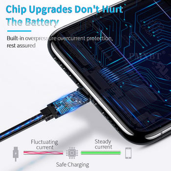 Flowing LED Data USB Charger Тип C/Micro USB/8PIN кабел за зареждане за Samsung S10 S9 Автоматично изключване Интелигентна защита Ярък кабел
