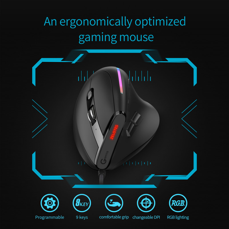 Lefon žičani okomiti miš za igranje RGB Ergonomski programibilni miš s 9 gumba 12800 DPI optički miš za igrače za prijenosno računalo Gamer T50