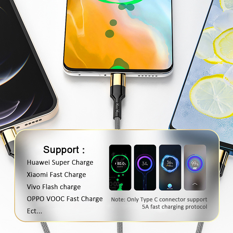 5A Γρήγορη φόρτιση 3 σε 1 Καλώδιο USB Multi Quick Charger Καλώδιο Micro USB Type C για iPhone Samsung Xiaomi Huawei Oneplus Realme