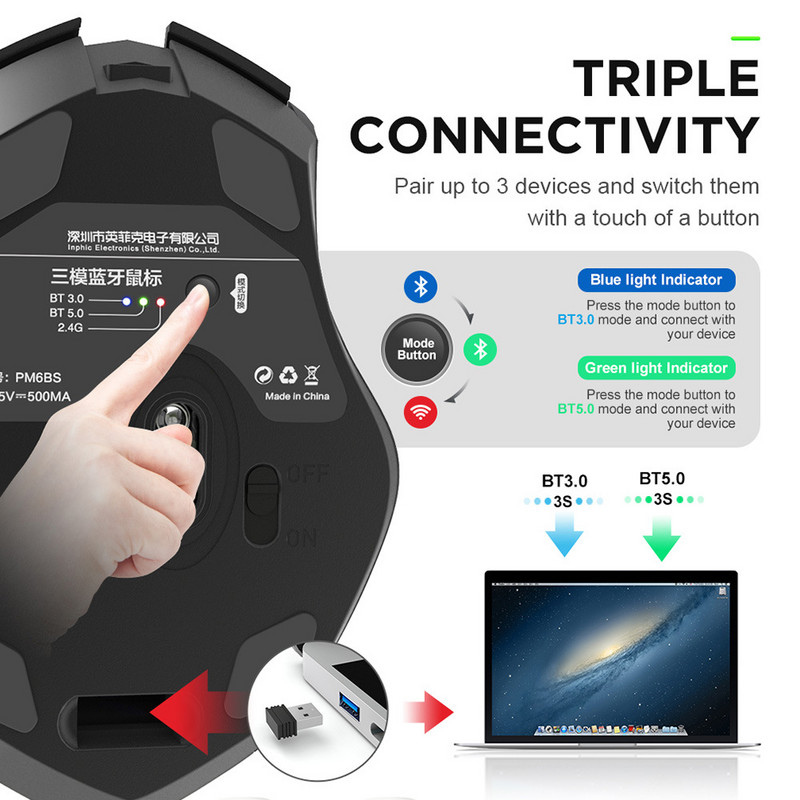 Bluetooth 2.4G USB tihi bežični miš s punjivim punjenjem, kućna igra, ergonomski bešumni miš za računalo, prijenosno računalo