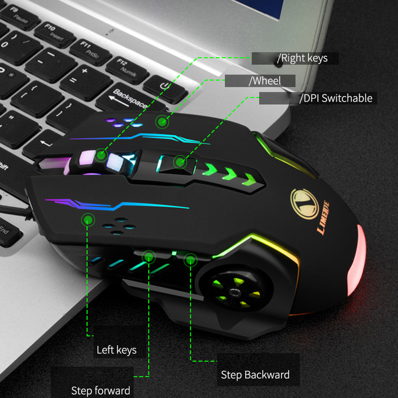 3600 dpi USB vezetékes játék egér 6 gombos háttérvilágítású e-sport egerek 6D színes LED fényben világító egér laptop PC számítógépes játékosokhoz