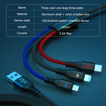 3в1 LED USB кабел за зареждане за iPhone 13 12 11 Pro 3в1 2в1 Micro USB Type C 8Pin кабел за зарядно устройство за Huawei Xiaomi POCO X3 M3