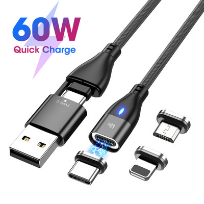 AUFU 6 в 1 60W PD кабел за бързо зареждане USB C към тип C Микромагнитни кабели за данни за iPhone Кабел за зареждане за лаптоп Macbook
