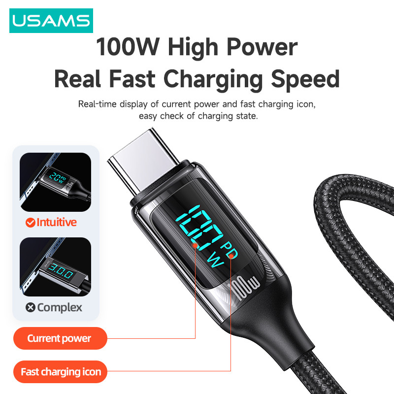 USAMS U78 PD 100W digitalni zaslon Brzi podatkovni kabel za punjenje za Macbook iPad Air Pro tip C kabel za Huawei Xiaomi Samsung OPPO