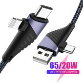 4 in 1 PD 65 W USB C kabelis 1,2M 3 in 1 QC3.0 USB Type C greito įkrovimo kabelis kelių galvučių funkcija, skirta iPhone 14 13 Pro Max Huawei