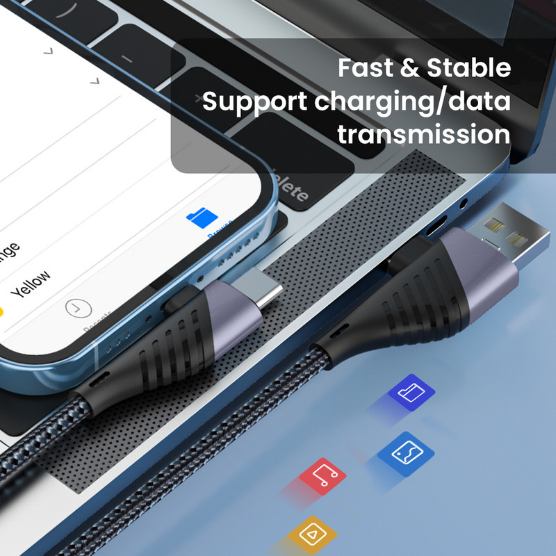 4 in 1 PD 65 W USB C kabelis 1,2M 3 in 1 QC3.0 USB Type C greito įkrovimo kabelis kelių galvučių funkcija, skirta iPhone 14 13 Pro Max Huawei