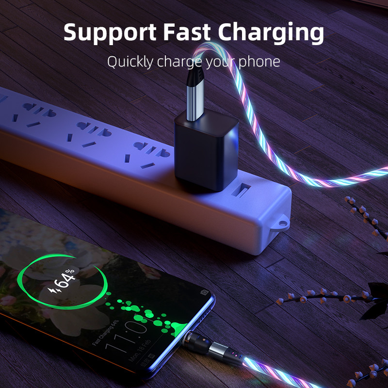LED Flow Light Charging Magnetic Cord USB Glow Type C Καλώδιο Μαγνητικό καλώδιο Καλώδιο μικροφόρτισης για iPhone Huawei Xiaomi