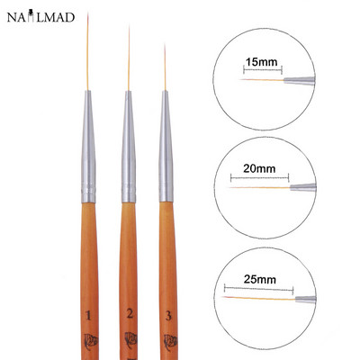 15/20/25mm 3 vnt Nail Art Liner Brush Itin smulkus šepetys medinė rankena Prancūziškos juostelės gėlių tapybai piešimo rašiklis manikiūro įrankis
