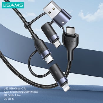 USAMS 60W 3 σε 1 Καλώδιο USB Τύπος C Καλώδιο 1,2 m Καλώδιο γρήγορης φόρτισης για iPhone 13 12 11 Pro Max Huawei Xiaomi Charger Micro Data Cable