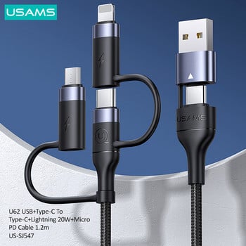 USAMS 60W 3 σε 1 Καλώδιο USB Τύπος C Καλώδιο 1,2 m Καλώδιο γρήγορης φόρτισης για iPhone 13 12 11 Pro Max Huawei Xiaomi Charger Micro Data Cable