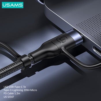 USAMS 60W 3 в 1 USB кабел тип C Cabl 1.2m кабел за бързо зареждане за iPhone 13 12 11 Pro Max Huawei Xiaomi зарядно микро кабел за данни