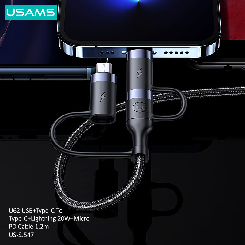 USAMS 60W 3 σε 1 Καλώδιο USB Τύπος C Καλώδιο 1,2 m Καλώδιο γρήγορης φόρτισης για iPhone 13 12 11 Pro Max Huawei Xiaomi Charger Micro Data Cable