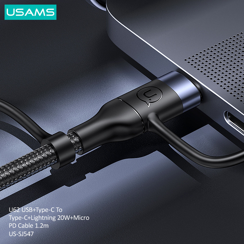 USAMS 60W 3 σε 1 Καλώδιο USB Τύπος C Καλώδιο 1,2 m Καλώδιο γρήγορης φόρτισης για iPhone 13 12 11 Pro Max Huawei Xiaomi Charger Micro Data Cable