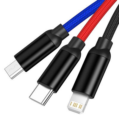3 viename USB laidas, skirtas iPhone 13 12 6 7 8 X XR Samsung Xiaomi Mi 10 greito įkrovimo įkroviklis C tipo USB mikro USB mobiliojo telefono laidas