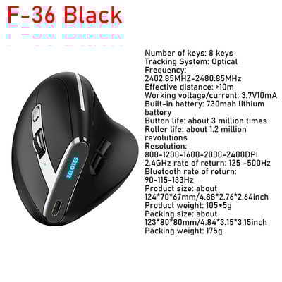 ZELOTES F-26C Ergonomiška vertikali pelė 2.4G belaidė kompiuterinė žaidimų pelė USB optinė pelė 3200DPI Gamer Mause skirta nešiojamam kompiuteriui