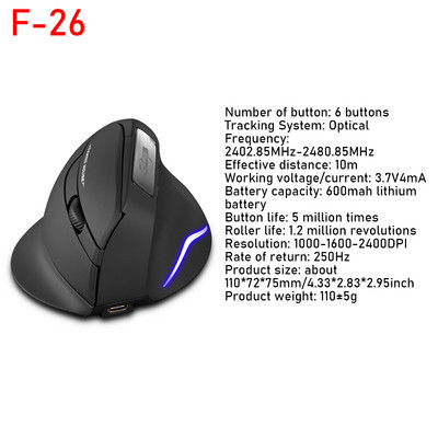ZELOTES F-26C Ergonomiška vertikali pelė 2.4G belaidė kompiuterinė žaidimų pelė USB optinė pelė 3200DPI Gamer Mause skirta nešiojamam kompiuteriui