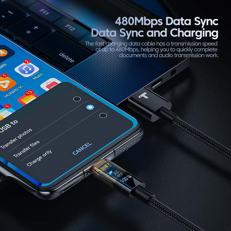 Kábel Toocki 100W typu C, super rýchle nabíjanie, USB kábel, dátová linka pre mobilné telefóny pre Huawei Nova 10 Pro, Honor 70Pro, 6A, USB-C kábel