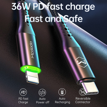 Mcdodo 36w USB Type C Pd Auto Disconnect Cable For Iphone Lightning 12 11 Pro Max X Xr Xs Max 8 Fast Charge Usb C Led Data Cable