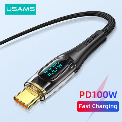 USAMS USB C към USB Type C кабел 100W/66W LED дисплей Кабел за зареждане на телефона 6A PD Ядро за бързо зареждане за Macbook Xiaomi Samsung