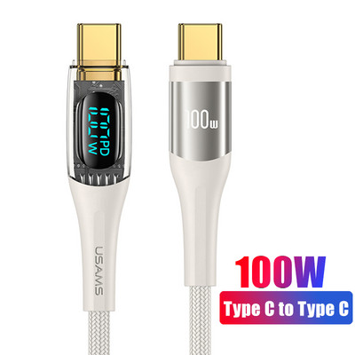 USAMS USB C na USB tip C kabel 100W/66W LED zaslon telefonski kabel za punjenje 6A PD jezgra za brzo punjenje za Macbook Xiaomi Samsung