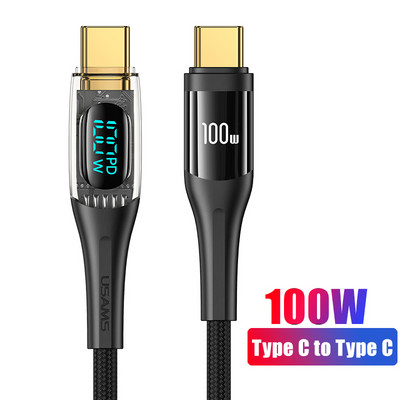 USAMS USB C na USB tip C kabel 100W/66W LED zaslon telefonski kabel za punjenje 6A PD jezgra za brzo punjenje za Macbook Xiaomi Samsung