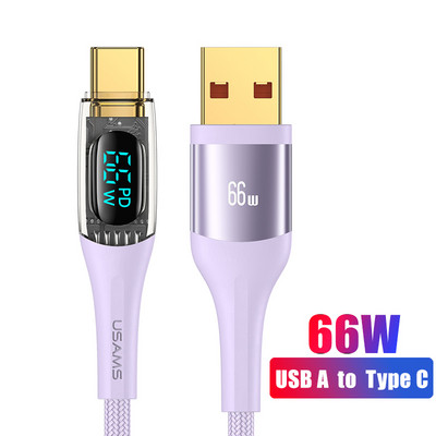 USAMS USB C na USB tip C kabel 100W/66W LED zaslon telefonski kabel za punjenje 6A PD jezgra za brzo punjenje za Macbook Xiaomi Samsung