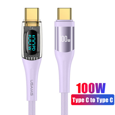USAMS USB C na USB tip C kabel 100W/66W LED zaslon telefonski kabel za punjenje 6A PD jezgra za brzo punjenje za Macbook Xiaomi Samsung