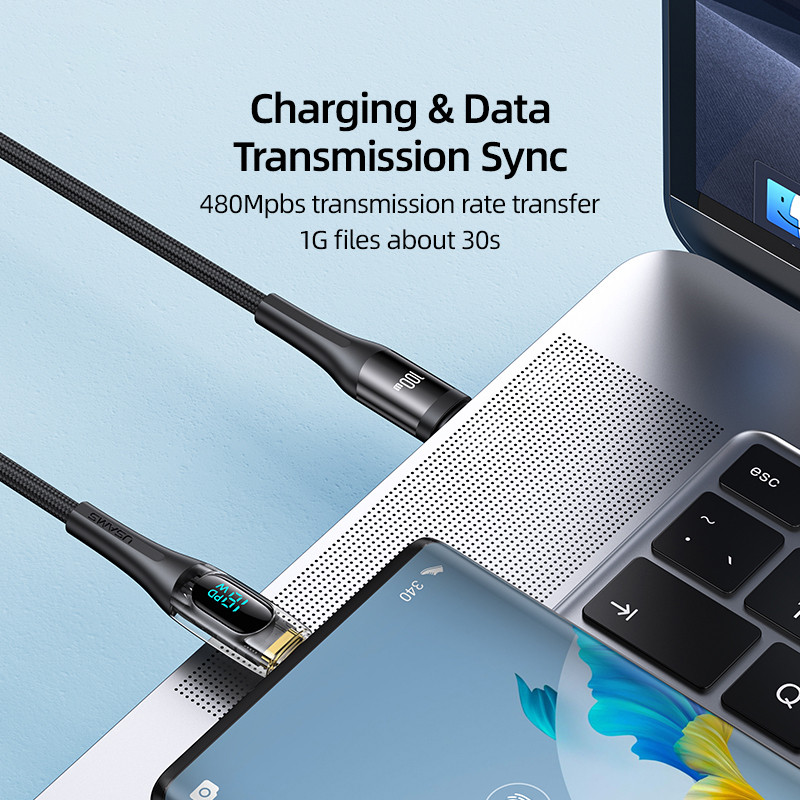 USAMS USB C na USB tip C kabel 100W/66W LED zaslon telefonski kabel za punjenje 6A PD jezgra za brzo punjenje za Macbook Xiaomi Samsung