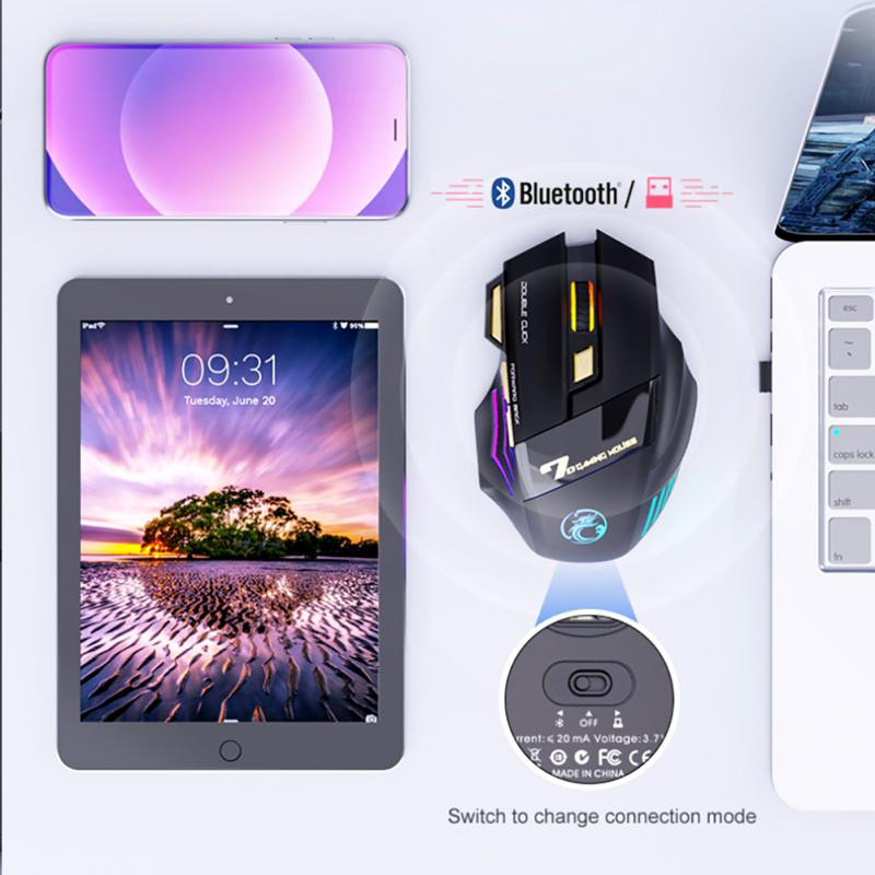 RYRA Nabíjateľná bezdrôtová herná myš pre počítač RGB herné myši Bluetooth 2.4G USB myš Tichá ergonomická myš pre notebook PC