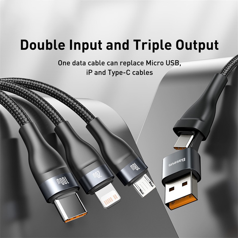 Cablu USB Baseus 3 în 1 Cablu USB de încărcare rapidă tip C Cablu de încărcare 100W Cablu USB pentru telefon mobil pentru iPhone tip C Micro