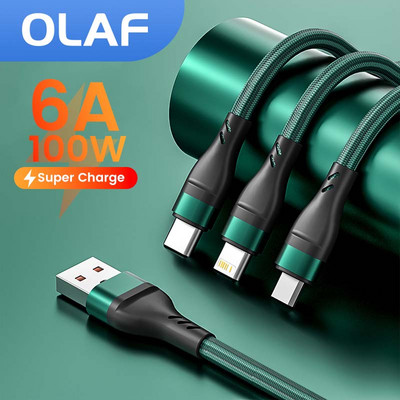 OLAF 3 в 1 USB кабел Бързо зареждане 6A USB C кабел 100W Type C кабел за iPhone Samsung Xiaomi Huawei Micro USB проводник за кабел за данни