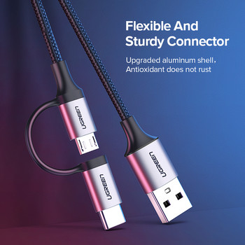 Ugreen USB Type C кабел за Samsung Galaxy S10 S9 2 в 1 Бърз микро USB кабел Кабел за данни за зареждане на мобилен телефон USB кабел за зареждане