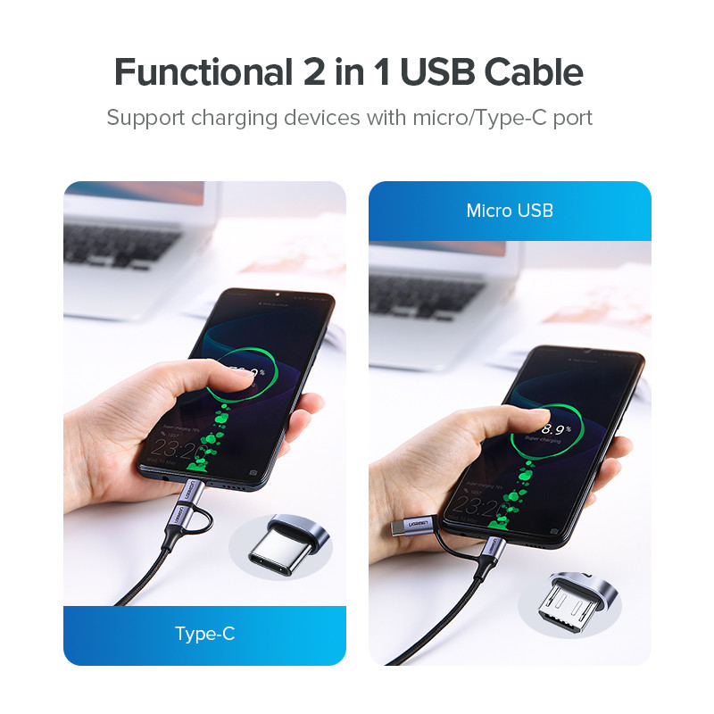 Cablu USB tip C Ugreen pentru Samsung Galaxy S10 S9 2 în 1 Cablu micro USB rapid Cablu de date de încărcare Cablu de încărcare USB pentru telefon mobil