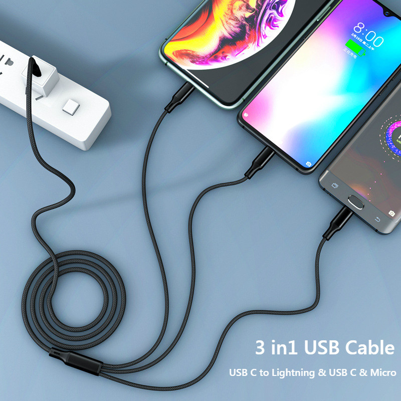 Nohon 3 az 1-ben C típusú USB kábel USB C és C típusú töltőkábel Samsung Huawei Xiaomi 3 az 1-ben Micro USBC kábelhez