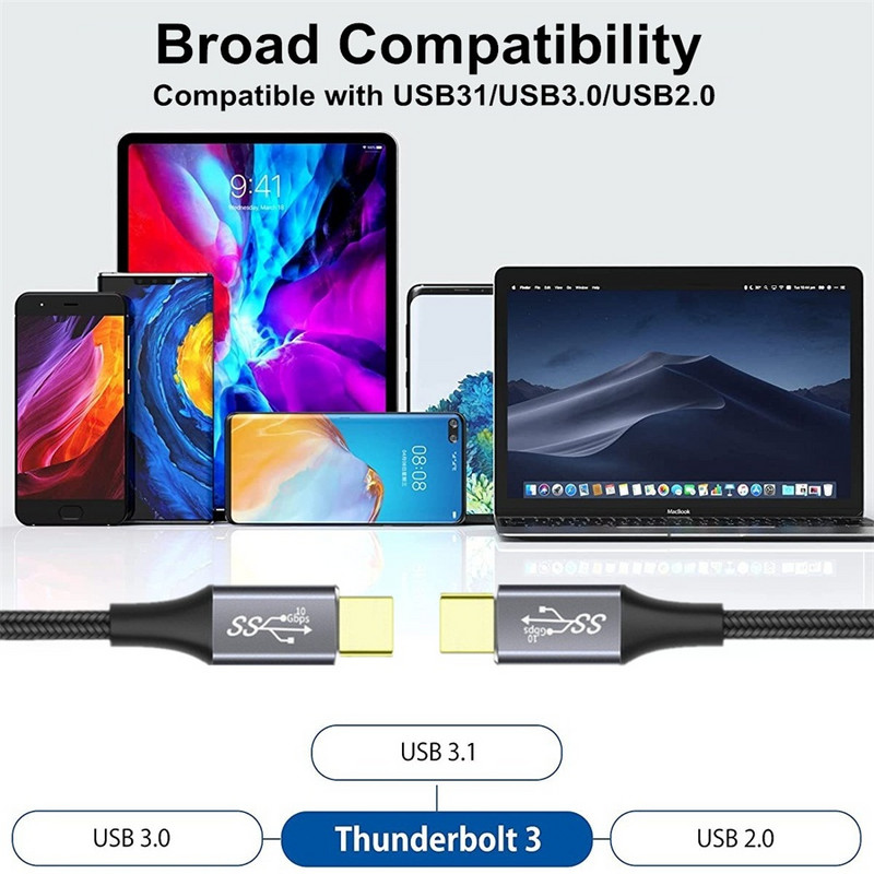 Kábel USB 3.1 Gen2 10 Gbps, Thunderbolt 3 4K Video 10 Gbps pre Macbook Pro 5A PD100W QC4.0 s rýchlym nabíjaním, kábel USB typu C