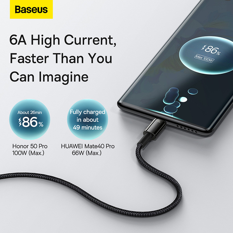 Baseus 100 W USB Type C kábel Samsung Pro gyorstöltő vezetékes USB-C töltő adatkábel Huawei P30 Realme Oneplus Poco F3 készülékhez
