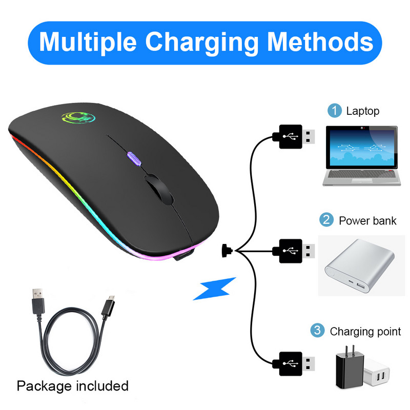 Vezeték nélküli egér RGB Bluetooth egér Vezeték nélküli számítógépes egér Gamer csendes USB Mause Ergonomikus egerek újratölthető PC laptophoz
