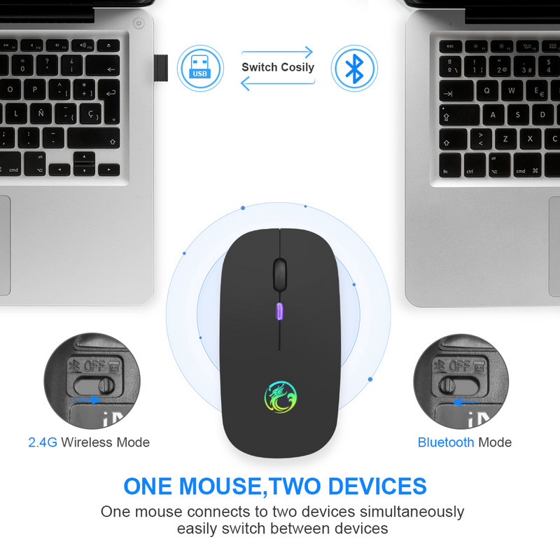 Vezeték nélküli egér RGB Bluetooth egér Vezeték nélküli számítógépes egér Gamer csendes USB Mause Ergonomikus egerek újratölthető PC laptophoz
