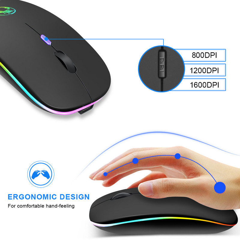 Vezeték nélküli egér RGB Bluetooth egér Vezeték nélküli számítógépes egér Gamer csendes USB Mause Ergonomikus egerek újratölthető PC laptophoz