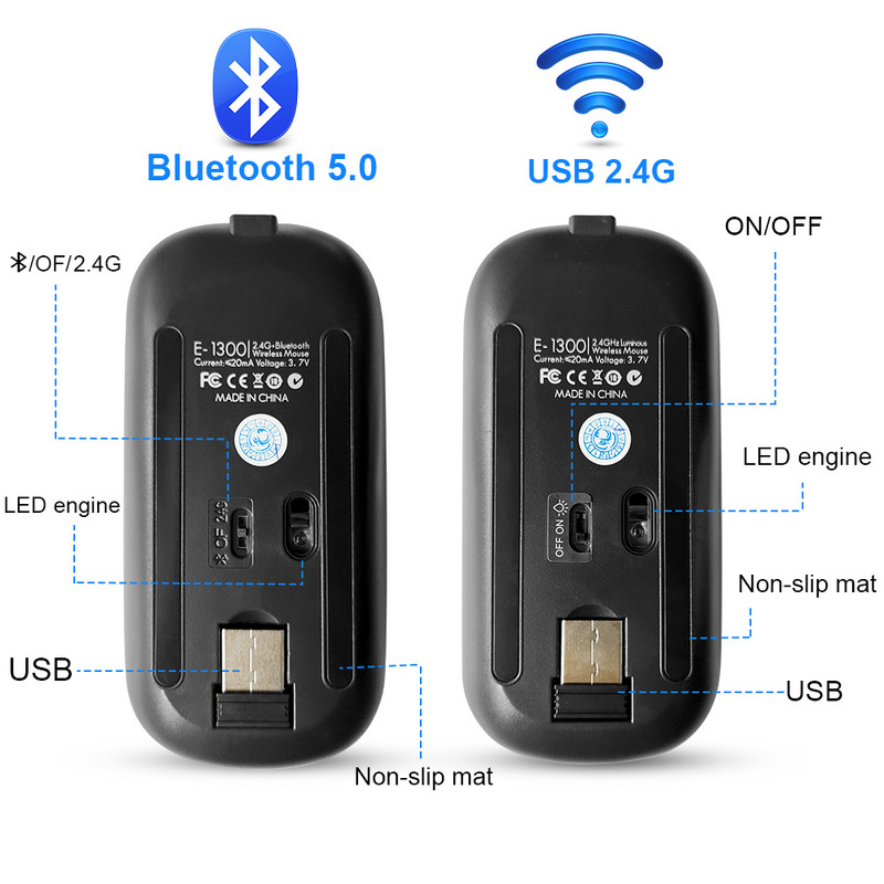 Vezeték nélküli egér RGB Bluetooth egér Vezeték nélküli számítógépes egér Gamer csendes USB Mause Ergonomikus egerek újratölthető PC laptophoz