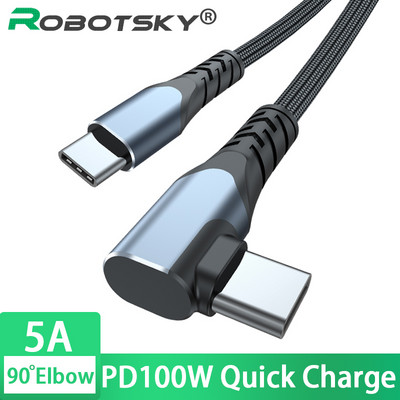 PD 100W USB C към USB тип C кабел 90 градуса линия за лаптопи 5A коляно USBC тип C кабел Кабел за бързо зареждане за Huawei Xiaomi