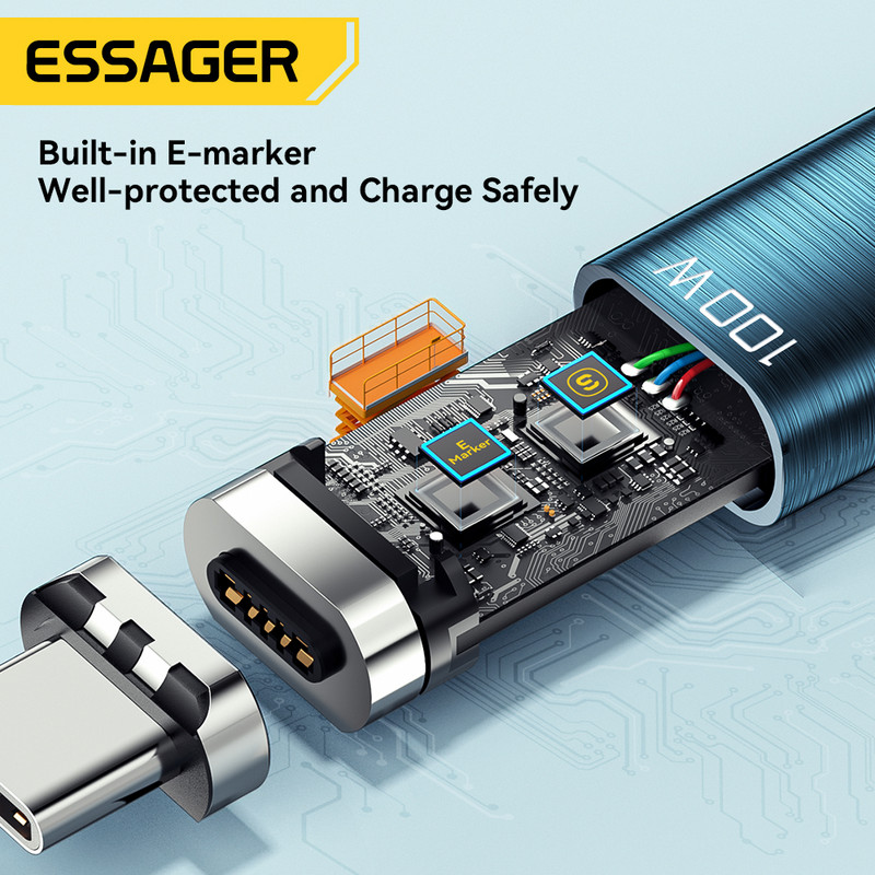 Essager 100 W-os mágneses C típusú kábel - USB C kábel PD 5A gyorstöltő adatkábel Macbook Pro-hoz Xiaomi Huawei P30 Pro Samsung