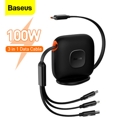 Baseus 100W 3 в 1 USB C кабел за iPhone 12 13 зарядно Micro USB тип C бързо зареждане за Macbook Samsung Xiaomi прибиращ се кабел